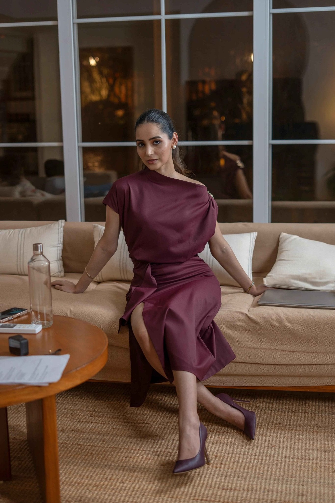 Wine One - Shoulder Draped Midi Dress